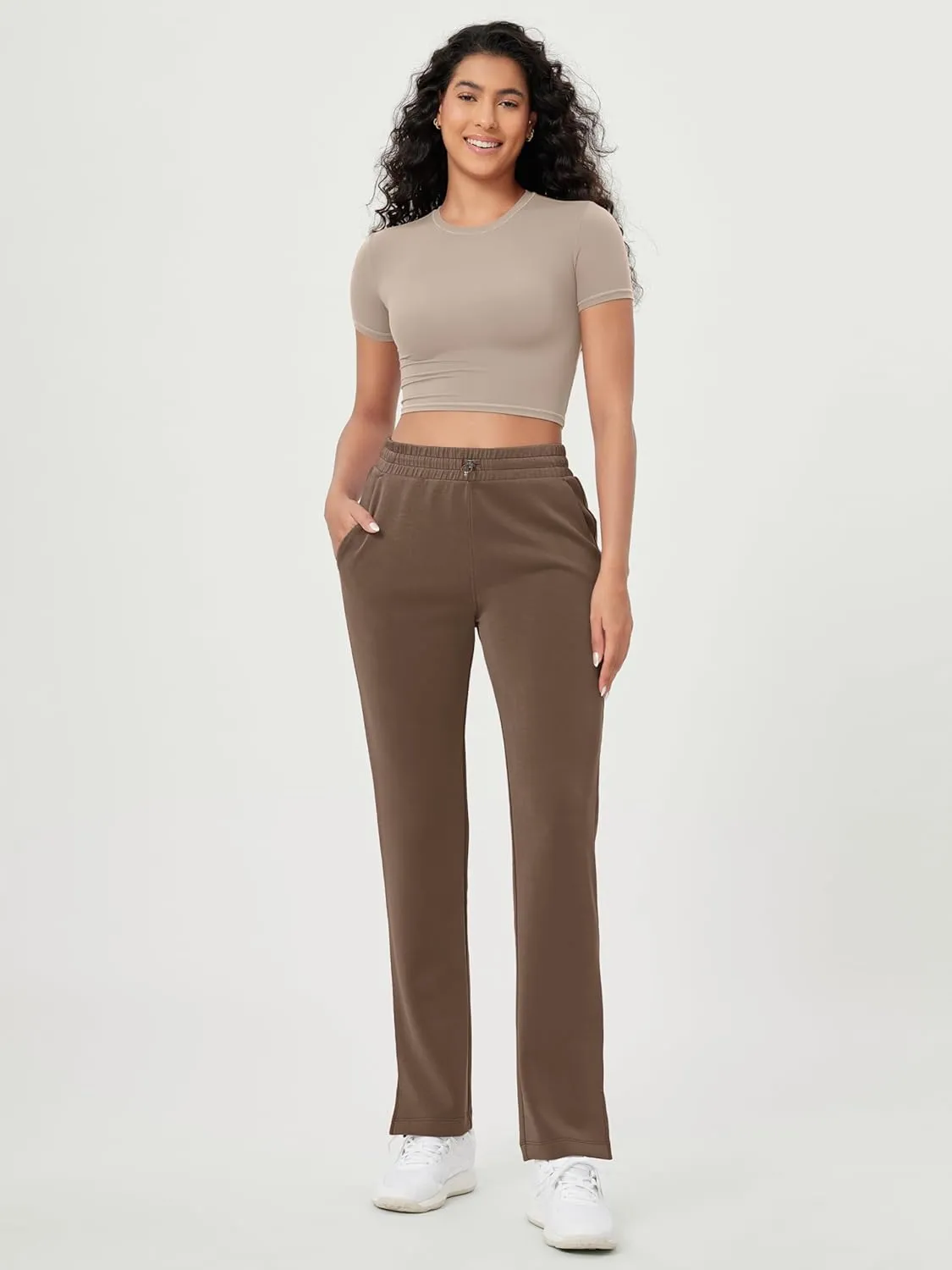 ODODOS Women's Modal Soft Split-Hem High Waist Pants with Pockets Adjustable Shockcord Casual Lounge Pants