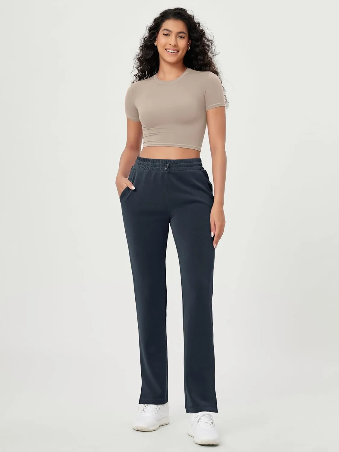 ODODOS Women's Modal Soft Split-Hem High Waist Pants with Pockets Adjustable Shockcord Casual Lounge Pants