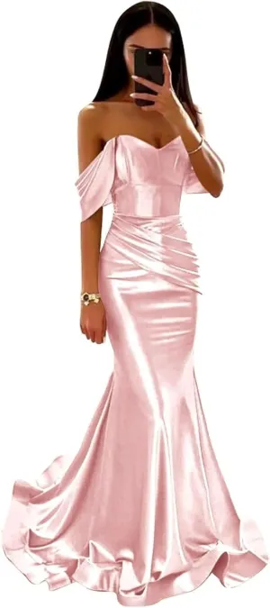 Off Shoulder Sparkly Prom Dresses with Train V-Neck Mermaid Formal Gowns Ruched Short Sleeve Evening Dress DR0549