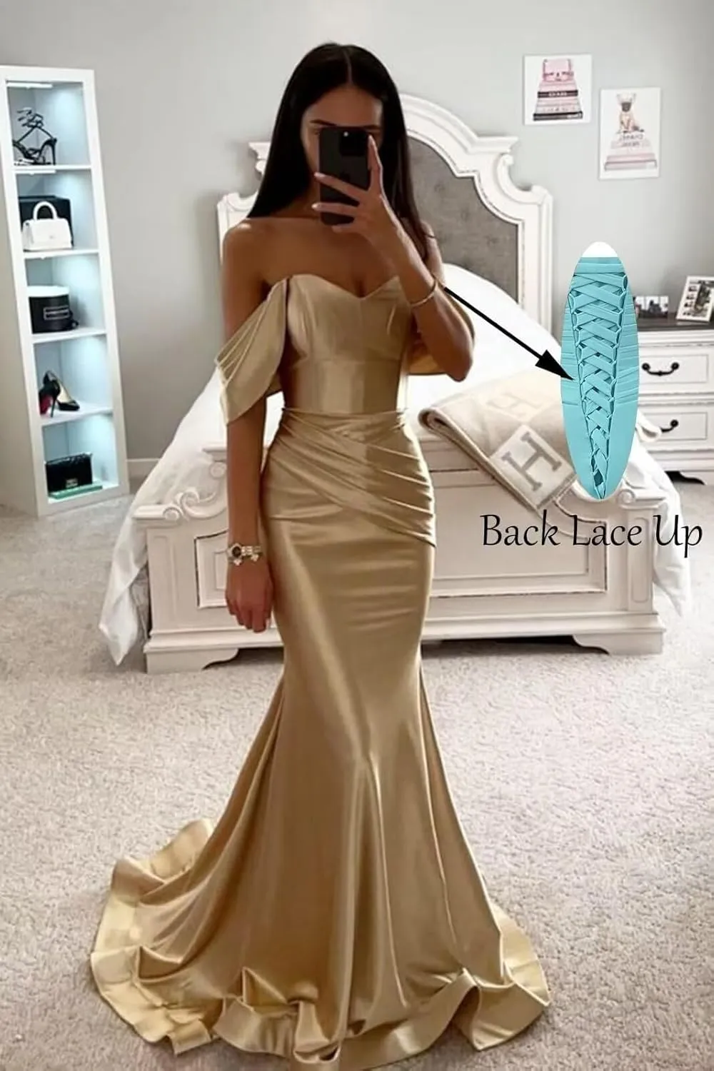 Off Shoulder Sparkly Prom Dresses with Train V-Neck Mermaid Formal Gowns Ruched Short Sleeve Evening Dress DR0549