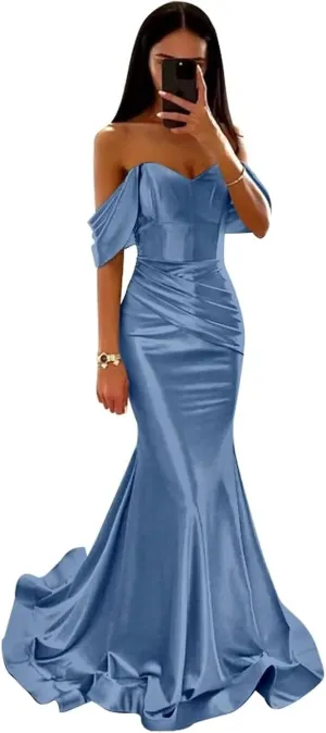 Off Shoulder Sparkly Prom Dresses with Train V-Neck Mermaid Formal Gowns Ruched Short Sleeve Evening Dress DR0549