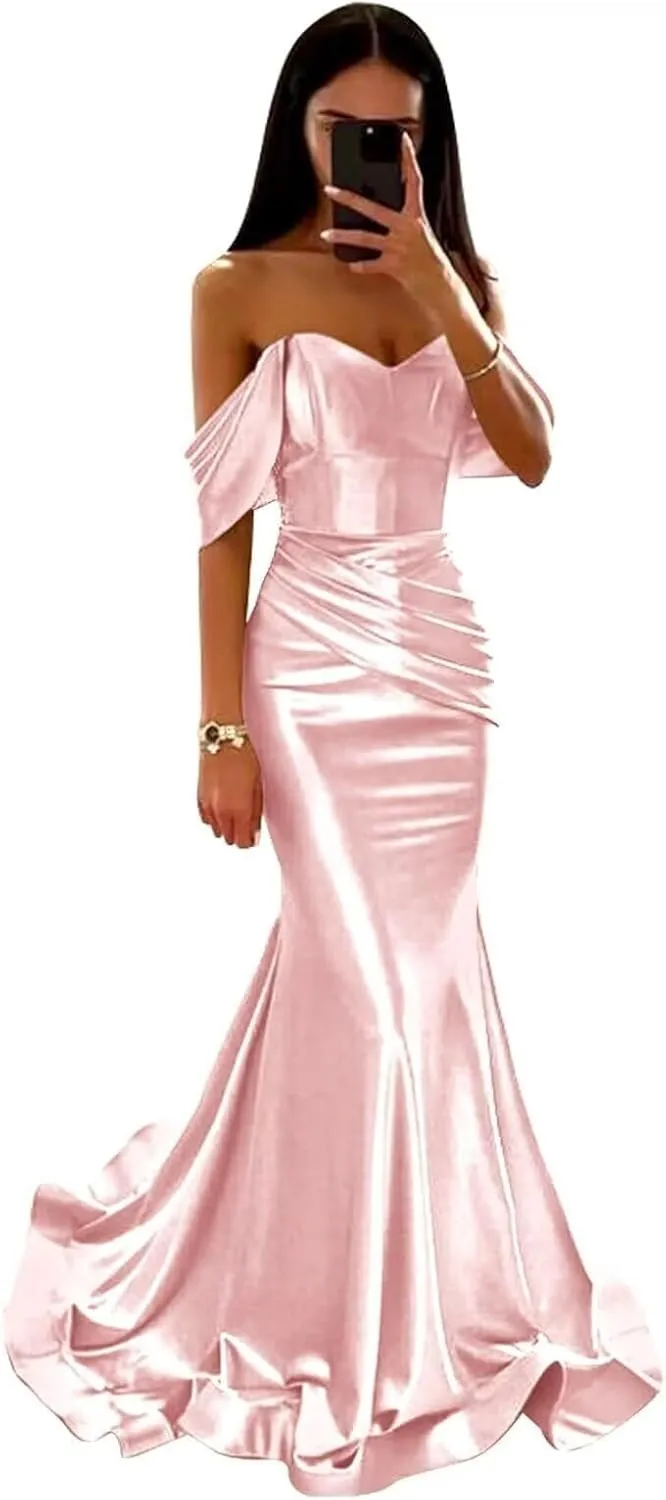 Off Shoulder Sparkly Prom Dresses with Train V-Neck Mermaid Formal Gowns Ruched Short Sleeve Evening Dress DR0549