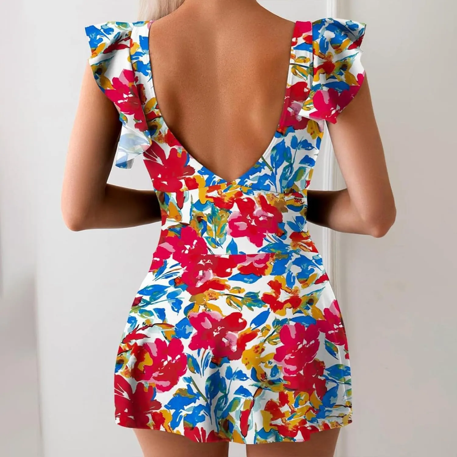 One Piece Swimdress Tummy Control Ruffle Swimsuit for Women Tie Knot Swim Dresses V Neck Bathing Suit Skirts