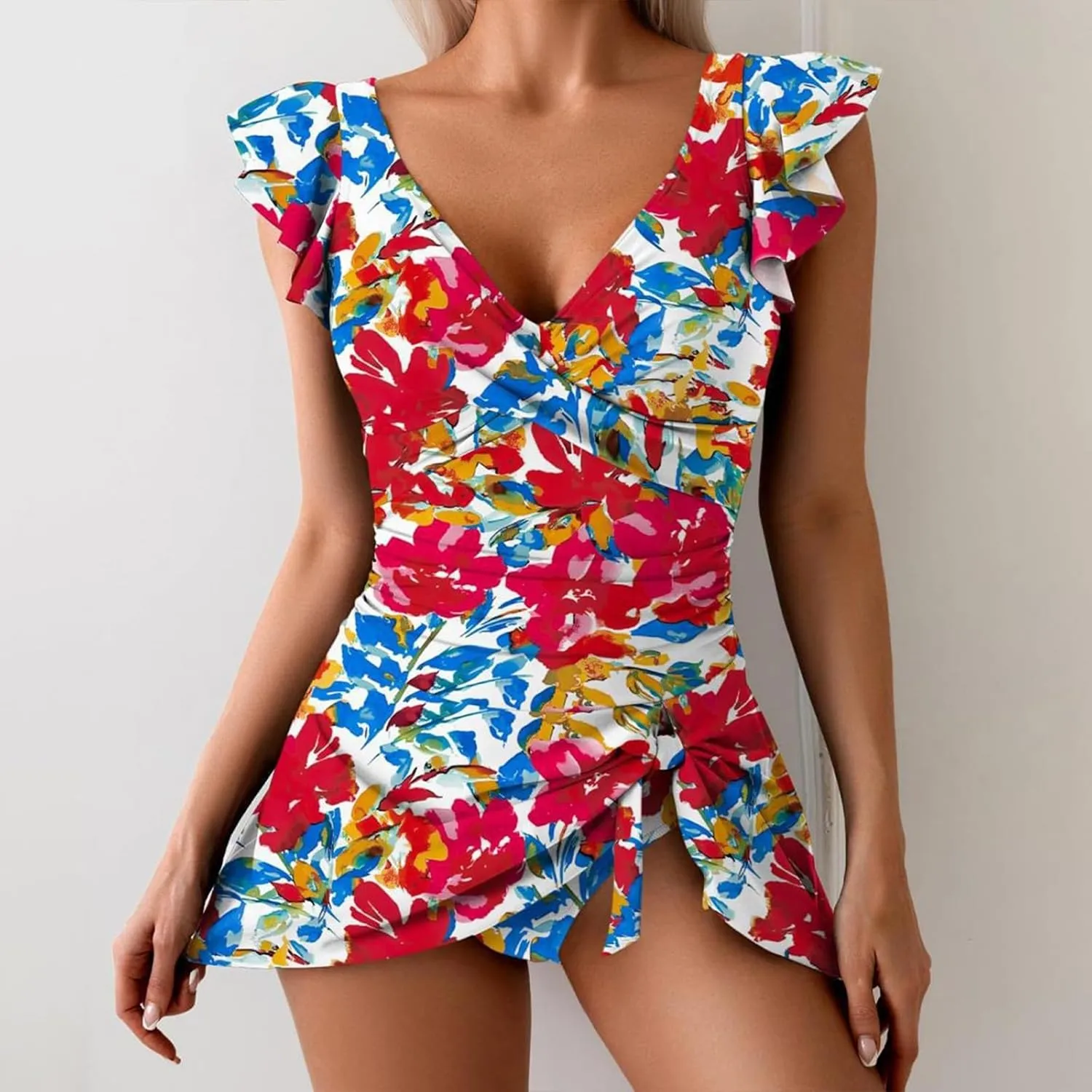 One Piece Swimdress Tummy Control Ruffle Swimsuit for Women Tie Knot Swim Dresses V Neck Bathing Suit Skirts