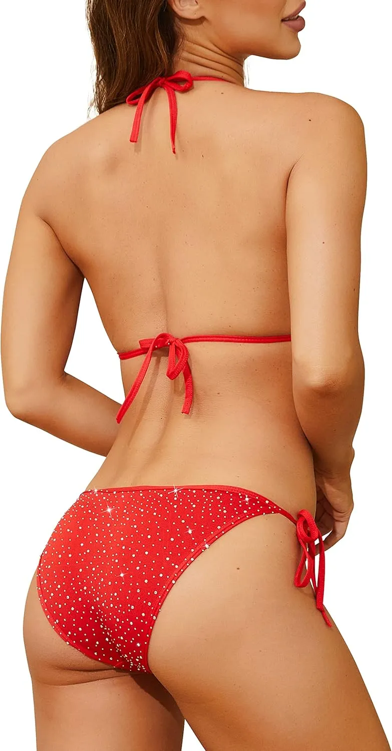Oneheekini Women Sexy Sparkle Glitter Swimwear Shiny Crystal Rhinestones Thong Bikini Sets Tie Side Bathing Suits