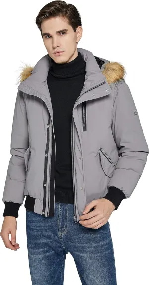 Orolay Men's Double Snap Winter Down Coat Bomber Jacket with Fur Hood 6 Pockets