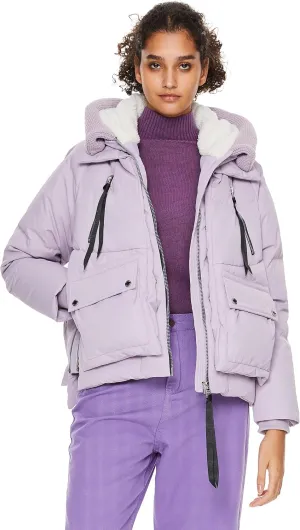 Orolay Women's Cropped Puffer Jacket - Patchwork Designed Down Coat Stand Collar Hooded Outerwear with Pockets