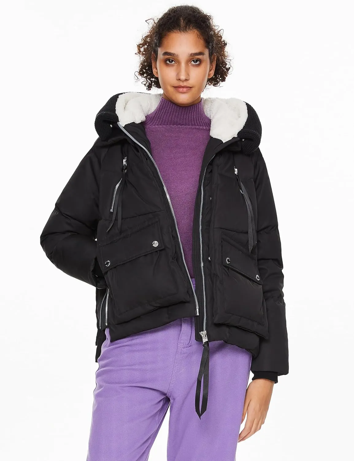 Orolay Women's Cropped Puffer Jacket - Patchwork Designed Down Coat Stand Collar Hooded Outerwear with Pockets