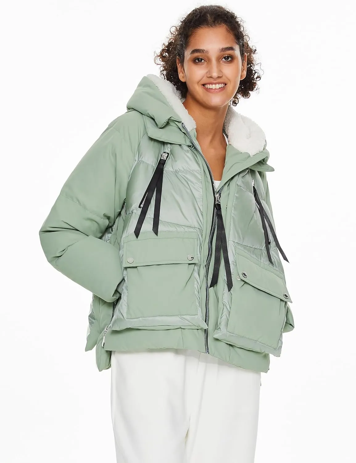 Orolay Women's Cropped Puffer Jacket - Patchwork Designed Down Coat Stand Collar Hooded Outerwear with Pockets