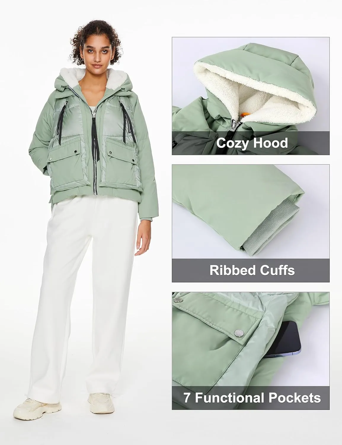 Orolay Women's Cropped Puffer Jacket - Patchwork Designed Down Coat Stand Collar Hooded Outerwear with Pockets