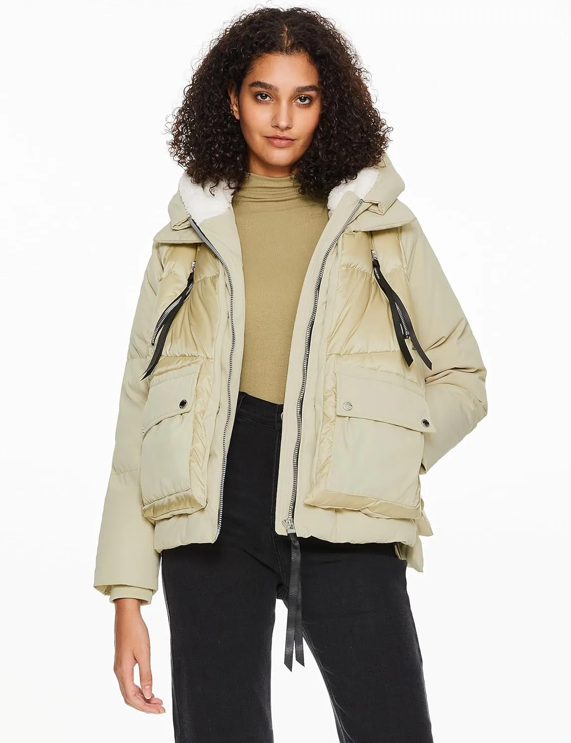 Orolay Women's Cropped Puffer Jacket - Patchwork Designed Down Coat Stand Collar Hooded Outerwear with Pockets