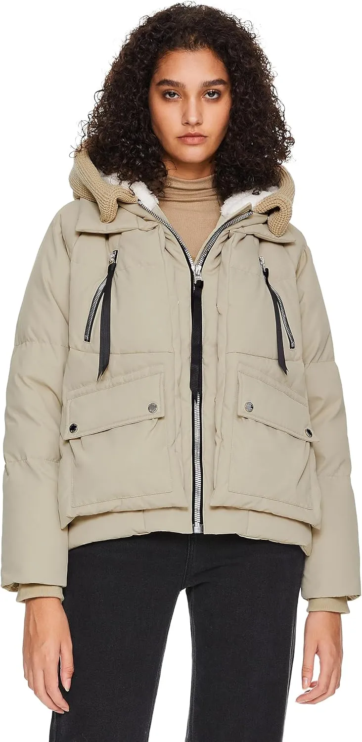 Orolay Women's Cropped Puffer Jacket - Patchwork Designed Down Coat Stand Collar Hooded Outerwear with Pockets
