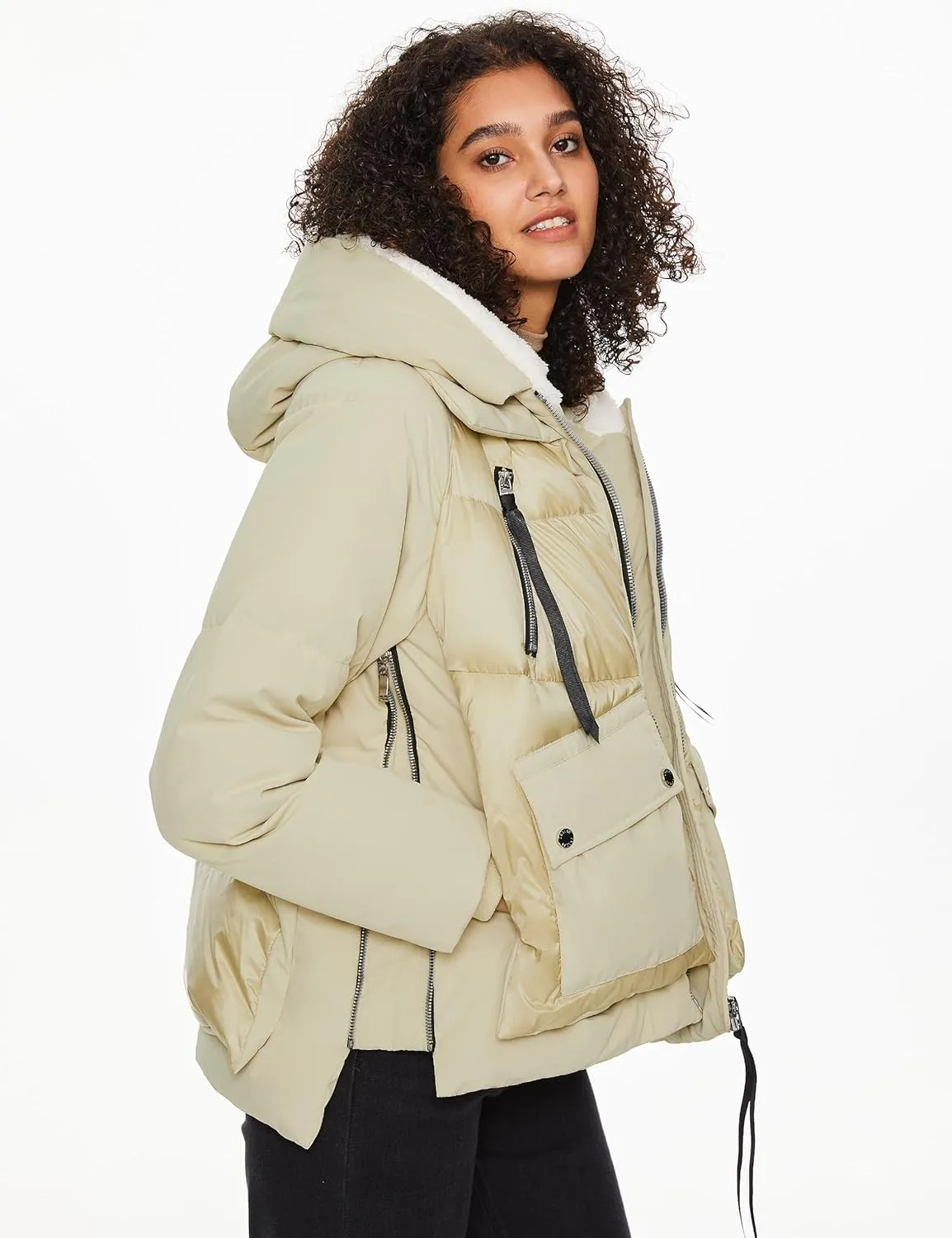 Orolay Women's Cropped Puffer Jacket - Patchwork Designed Down Coat Stand Collar Hooded Outerwear with Pockets