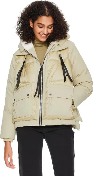 Orolay Women's Cropped Puffer Jacket - Patchwork Designed Down Coat Stand Collar Hooded Outerwear with Pockets