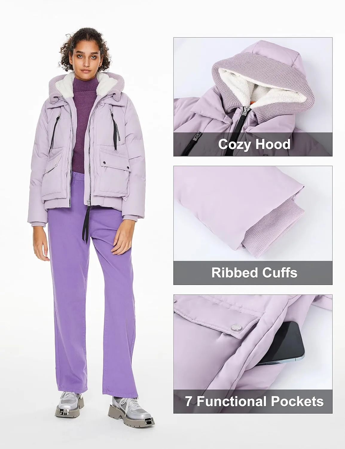 Orolay Women's Cropped Puffer Jacket - Patchwork Designed Down Coat Stand Collar Hooded Outerwear with Pockets