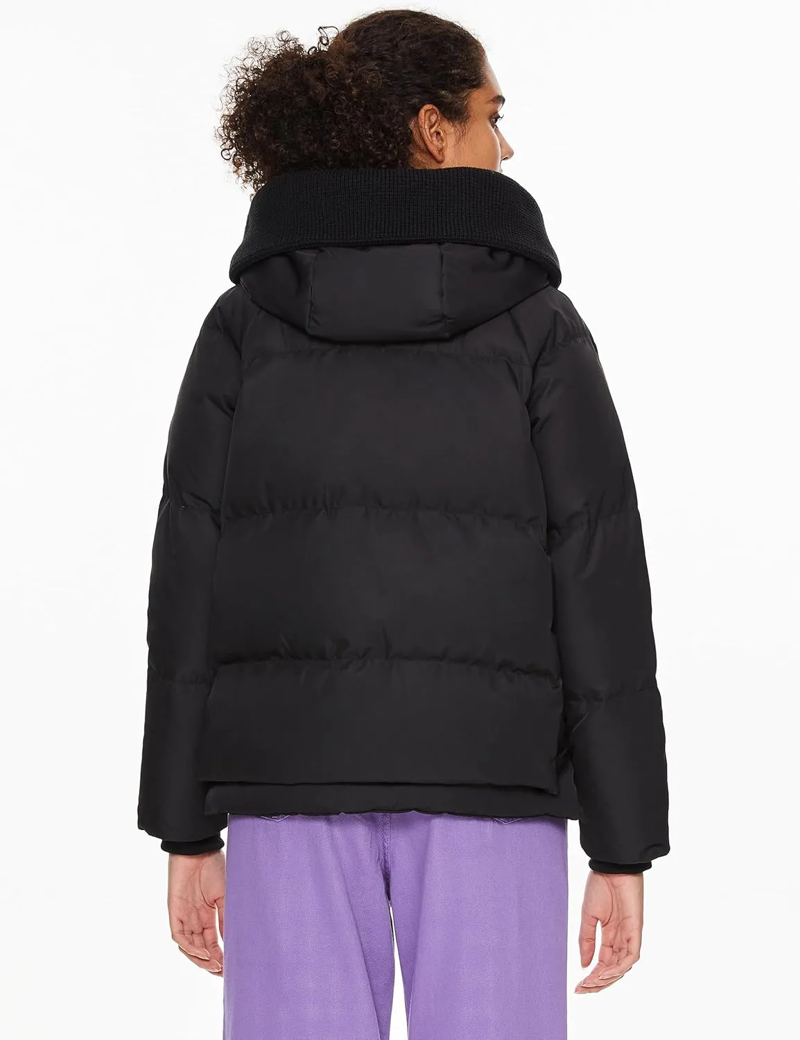 Orolay Women's Cropped Puffer Jacket - Patchwork Designed Down Coat Stand Collar Hooded Outerwear with Pockets