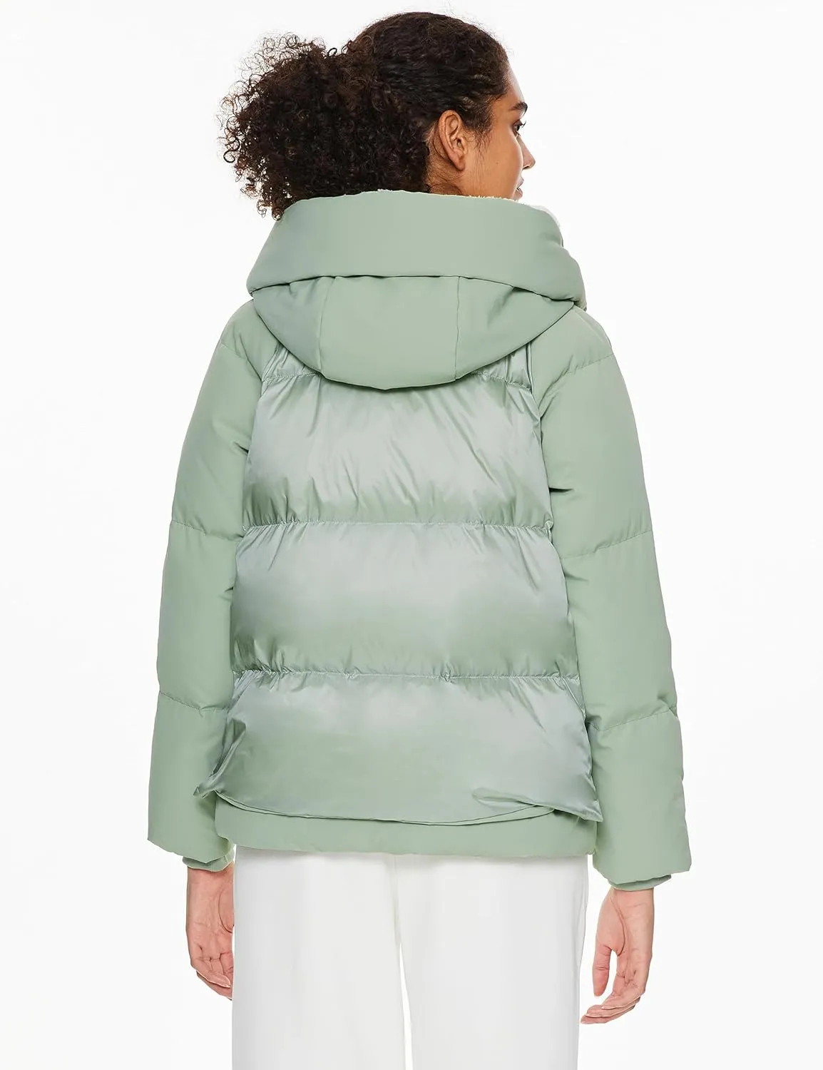 Orolay Women's Cropped Puffer Jacket - Patchwork Designed Down Coat Stand Collar Hooded Outerwear with Pockets