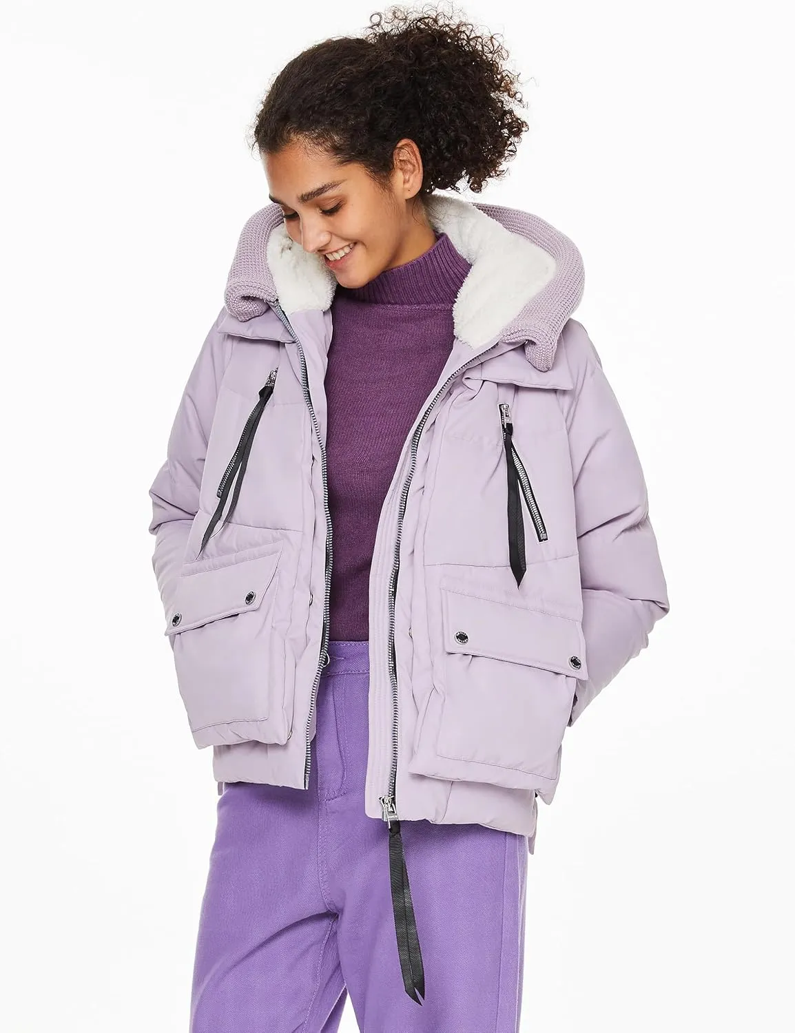 Orolay Women's Cropped Puffer Jacket - Patchwork Designed Down Coat Stand Collar Hooded Outerwear with Pockets