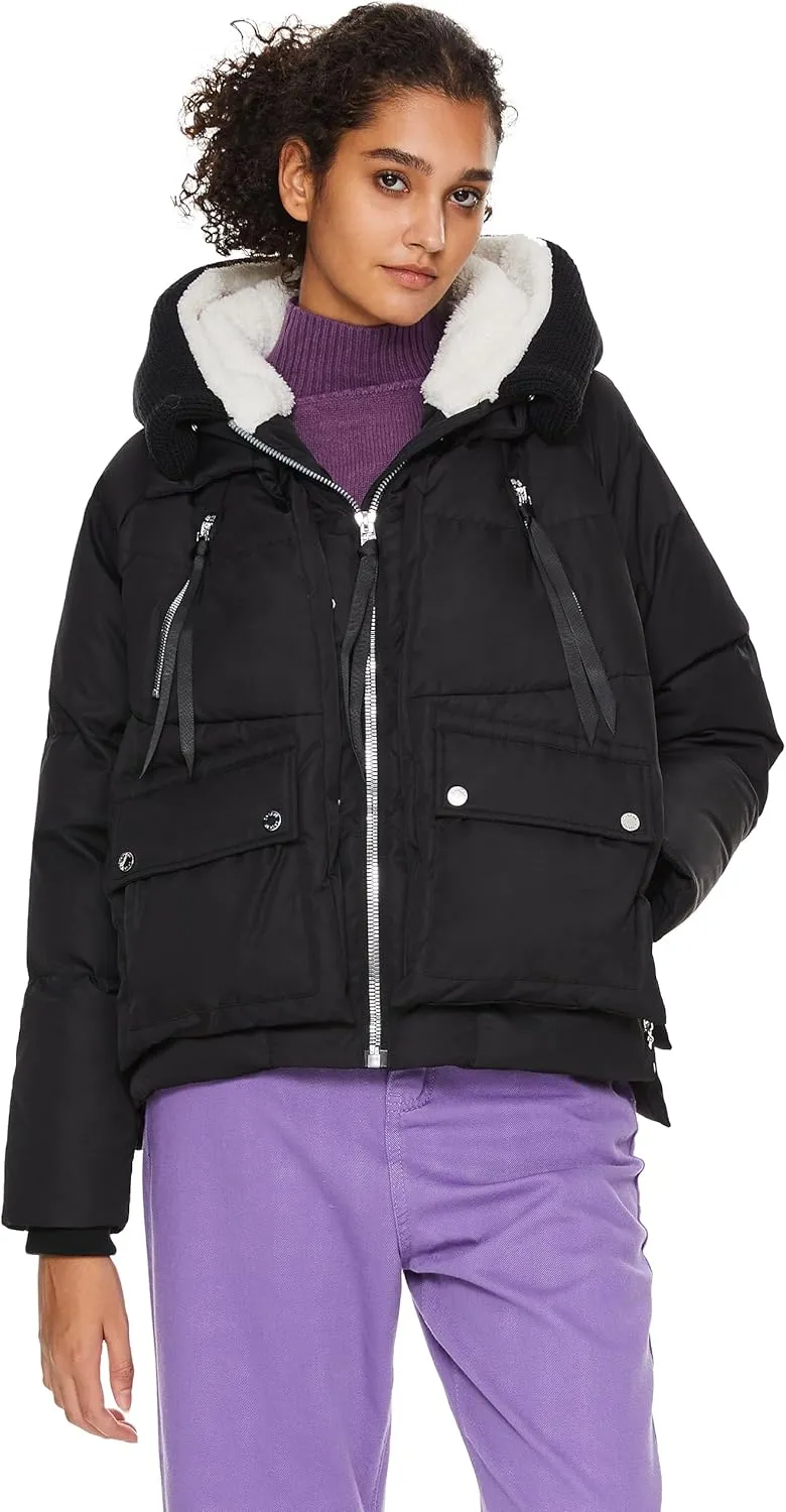 Orolay Women's Cropped Puffer Jacket - Patchwork Designed Down Coat Stand Collar Hooded Outerwear with Pockets