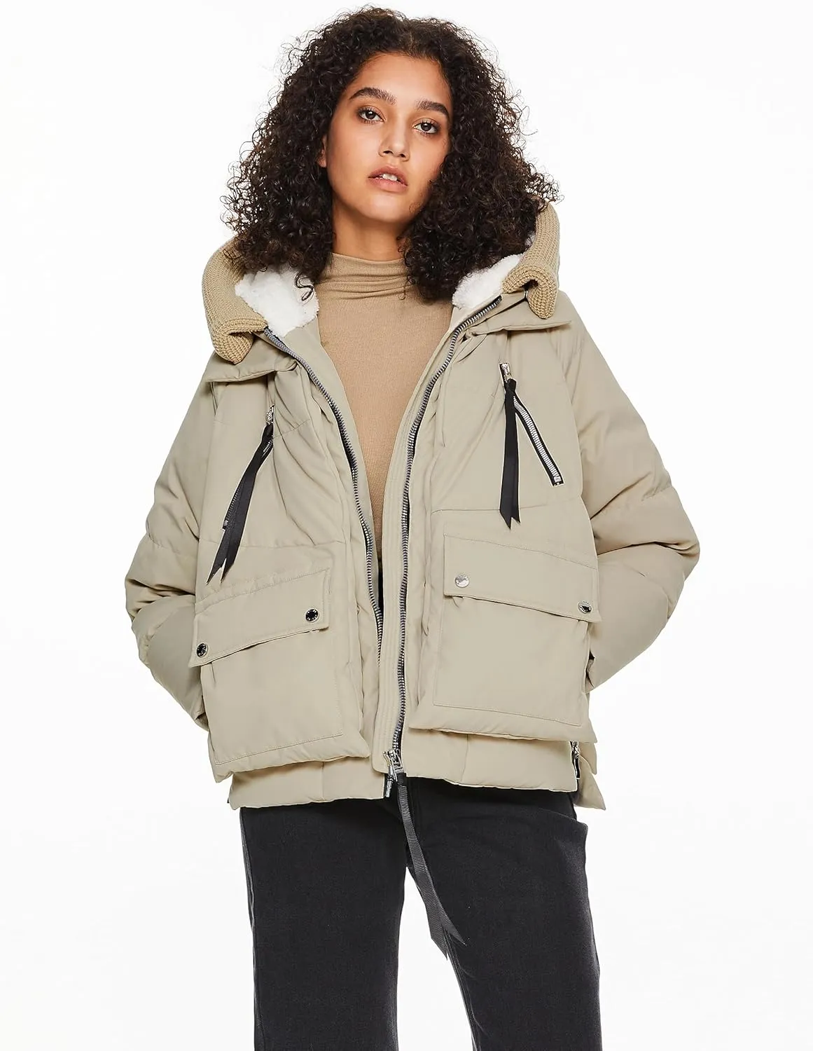 Orolay Women's Cropped Puffer Jacket - Patchwork Designed Down Coat Stand Collar Hooded Outerwear with Pockets