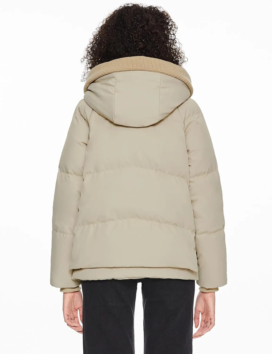 Orolay Women's Cropped Puffer Jacket - Patchwork Designed Down Coat Stand Collar Hooded Outerwear with Pockets