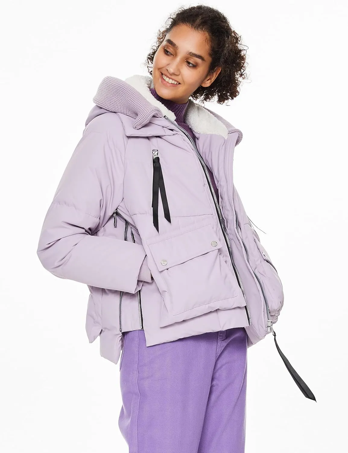 Orolay Women's Cropped Puffer Jacket - Patchwork Designed Down Coat Stand Collar Hooded Outerwear with Pockets