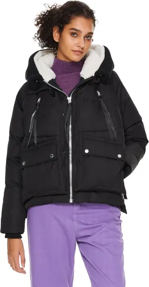 Orolay Women's Cropped Puffer Jacket - Patchwork Designed Down Coat Stand Collar Hooded Outerwear with Pockets
