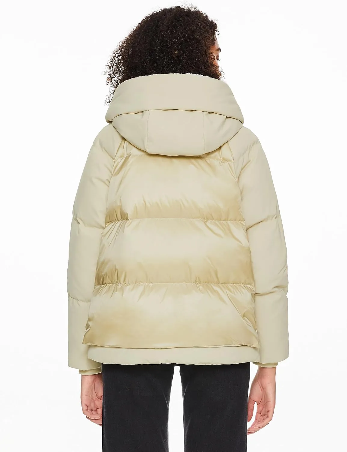 Orolay Women's Cropped Puffer Jacket - Patchwork Designed Down Coat Stand Collar Hooded Outerwear with Pockets