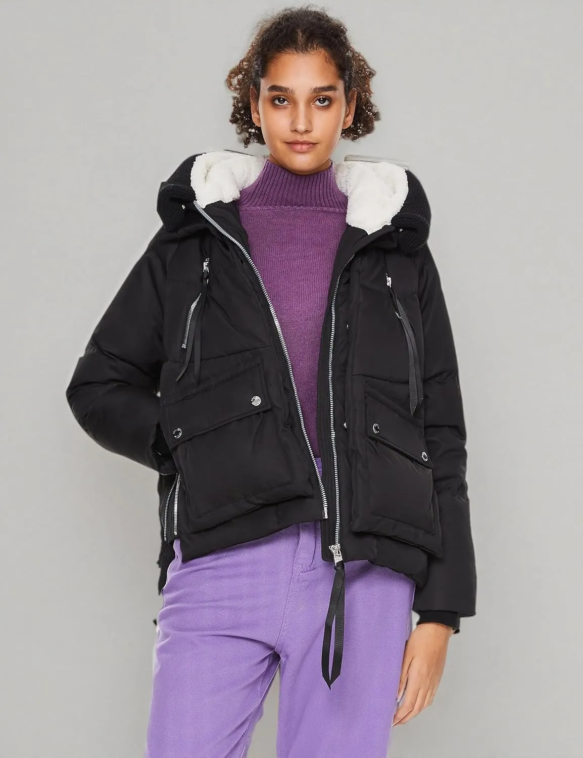 Orolay Women's Cropped Puffer Jacket - Patchwork Designed Down Coat Stand Collar Hooded Outerwear with Pockets
