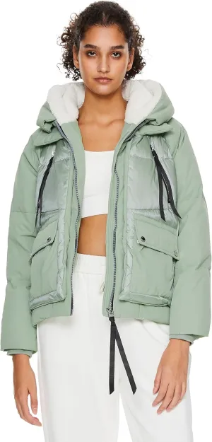 Orolay Women's Cropped Puffer Jacket - Patchwork Designed Down Coat Stand Collar Hooded Outerwear with Pockets