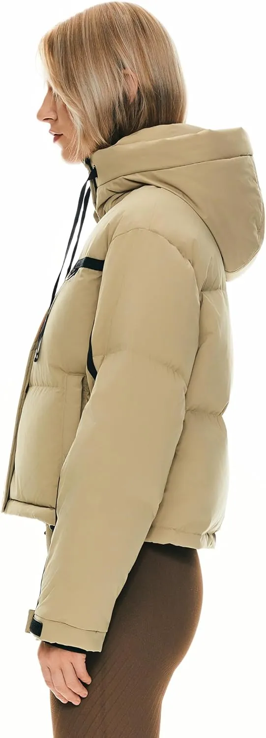 Orolay Women's Cropped Puffer Jacket Winter Quilted Short Down Coat Warm Hooded Zip Fashion Outerwear with Pockets