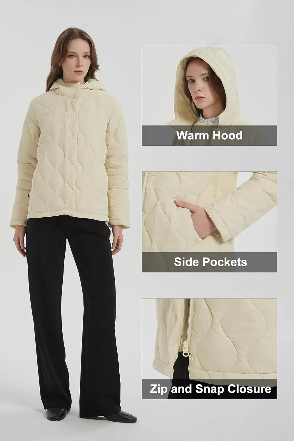 Orolay Women's Quilted Down Jacket Lightweight Hooded Puffer Coat Long Sleeve Warm Outerwear with Pockets