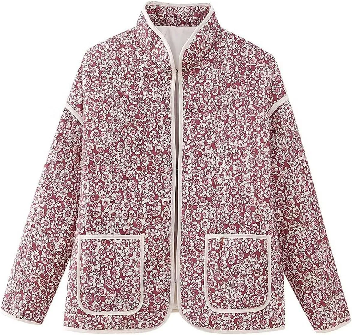 Perbai Womens Floral Cropped Quilted Jacket Lightweight Reversible Open Front Puffer Cardigan Coat