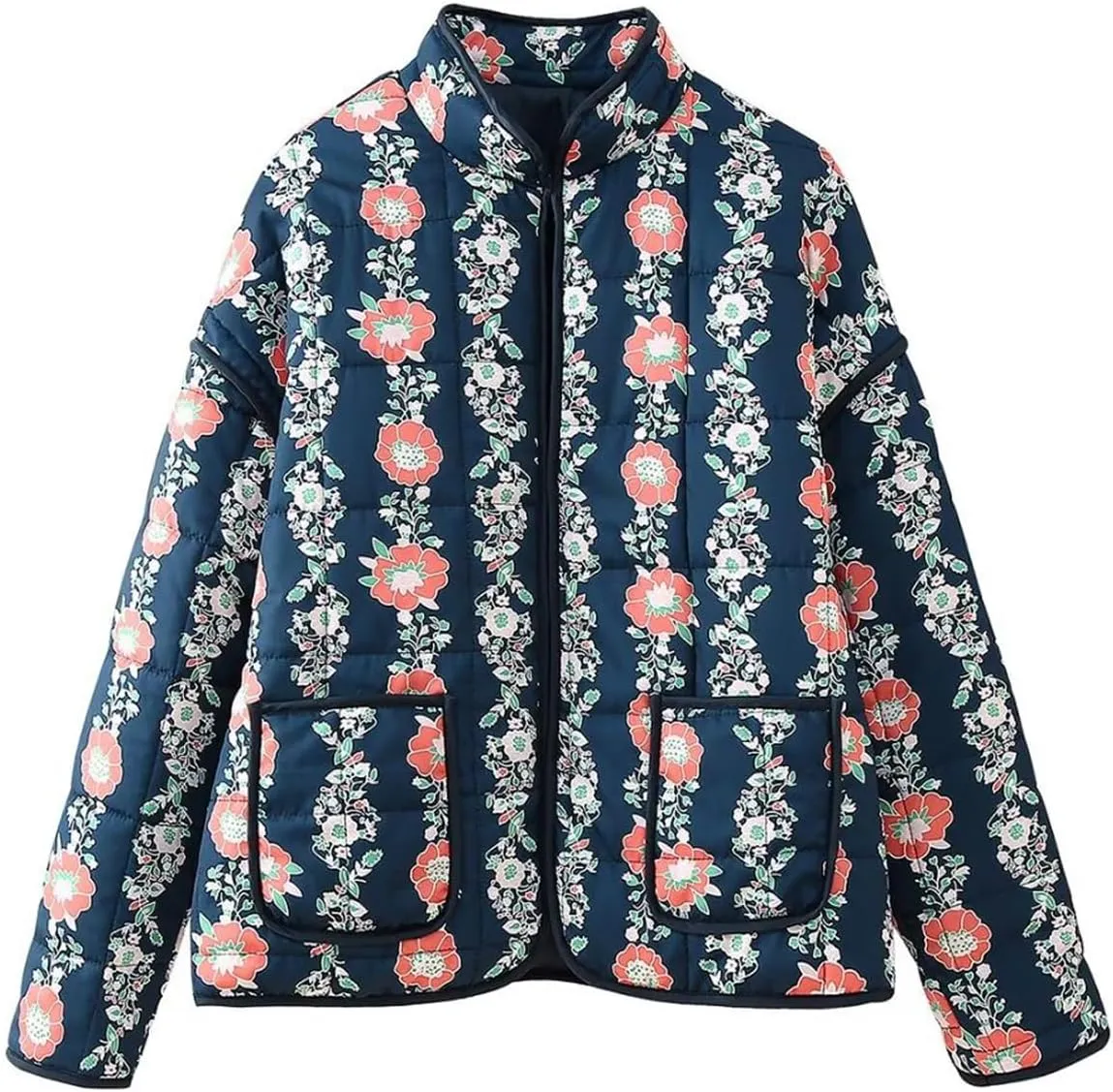 Perbai Womens Floral Cropped Quilted Jacket Lightweight Reversible Open Front Puffer Cardigan Coat