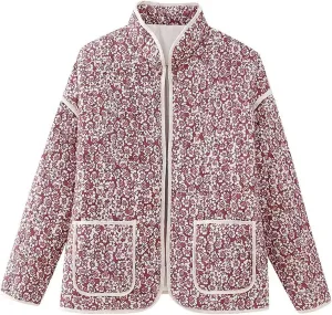 Perbai Womens Floral Cropped Quilted Jacket Lightweight Reversible Open Front Puffer Cardigan Coat