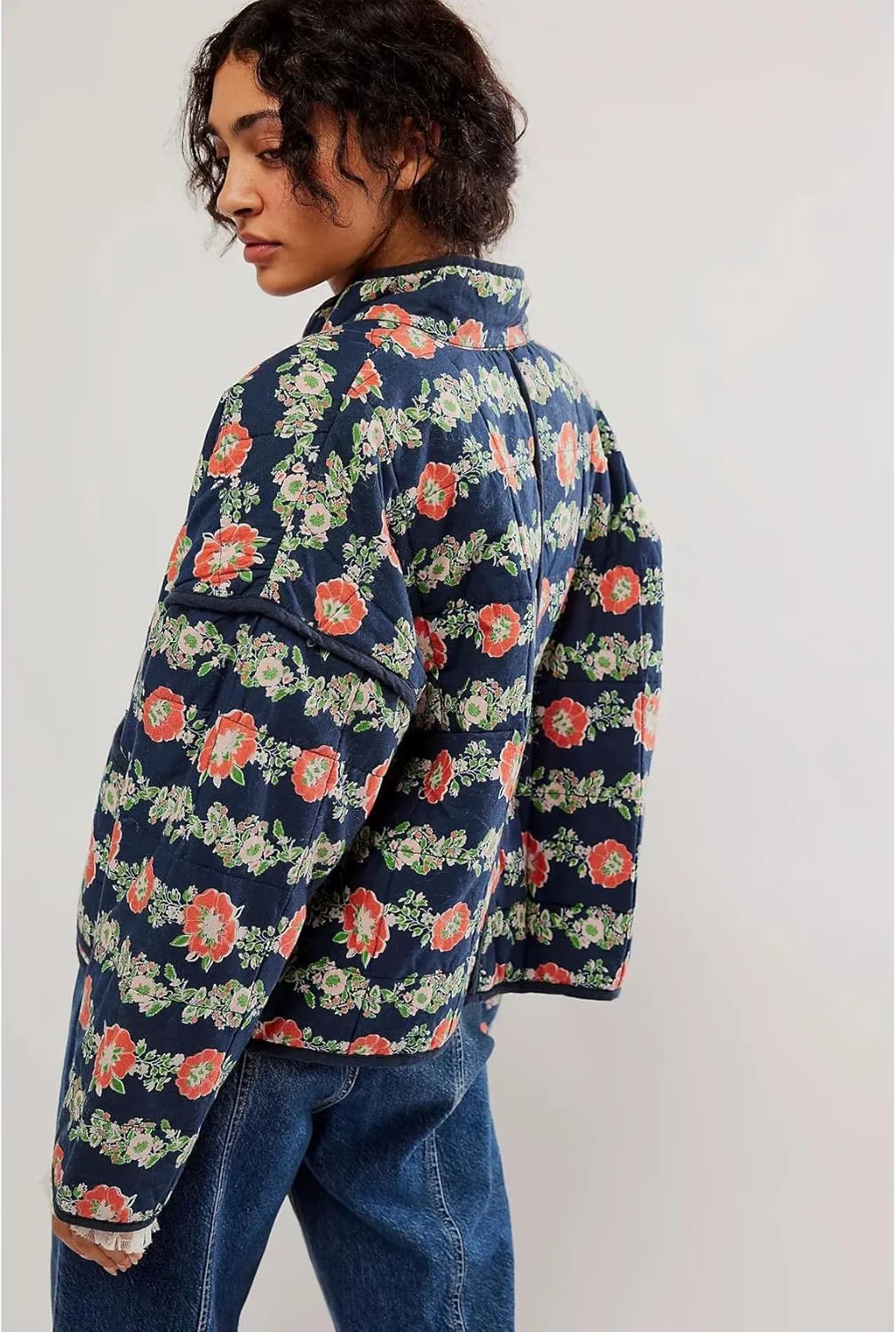 Perbai Womens Floral Cropped Quilted Jacket Lightweight Reversible Open Front Puffer Cardigan Coat