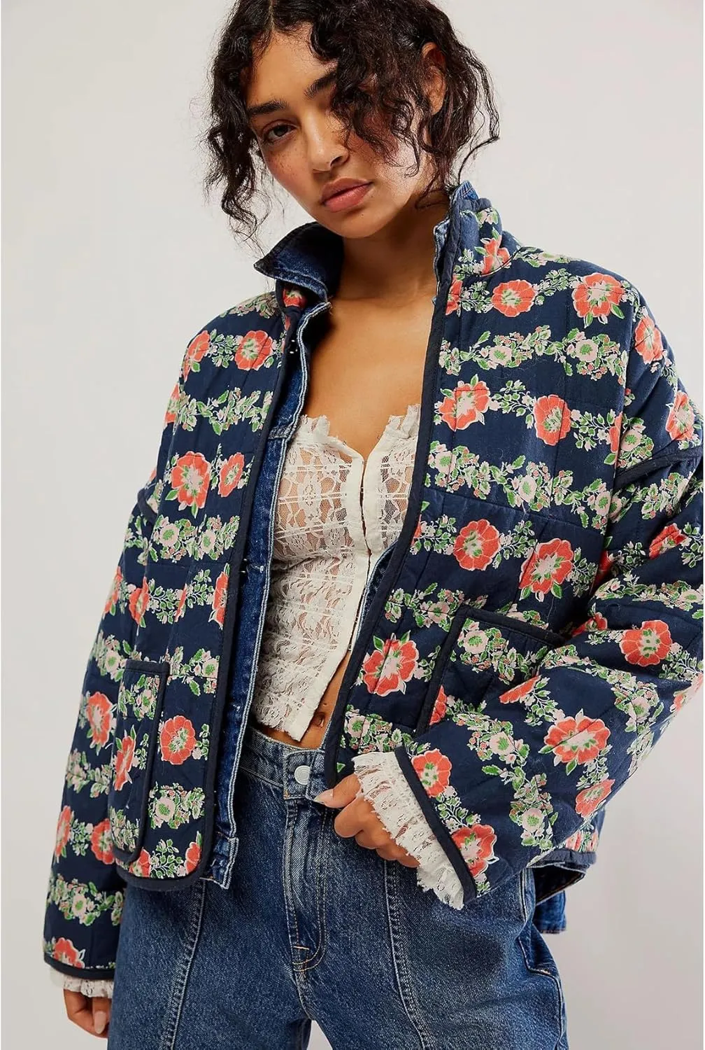 Perbai Womens Floral Cropped Quilted Jacket Lightweight Reversible Open Front Puffer Cardigan Coat