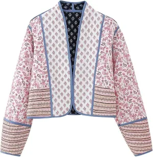 Perbai Womens Floral Cropped Quilted Jacket Lightweight Reversible Open Front Puffer Cardigan Coat