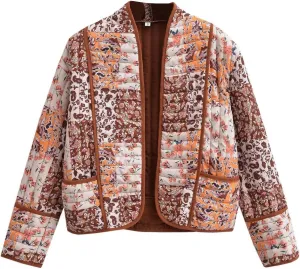 Perbai Womens Floral Cropped Quilted Jacket Lightweight Reversible Open Front Puffer Cardigan Coat