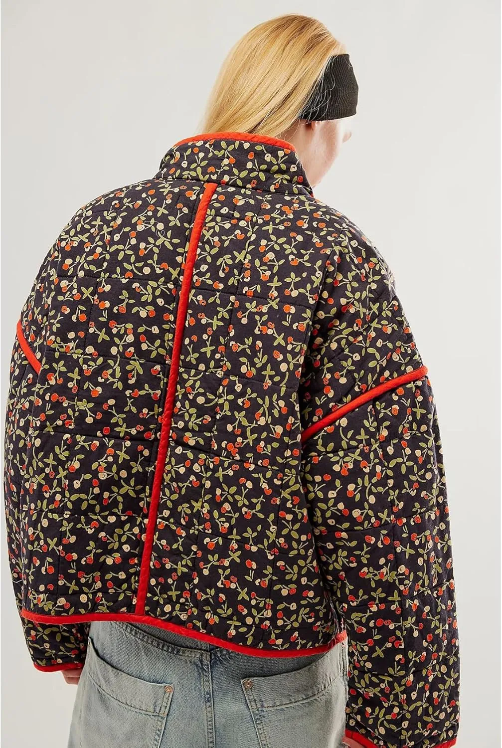 Perbai Womens Floral Cropped Quilted Jacket Lightweight Reversible Open Front Puffer Cardigan Coat