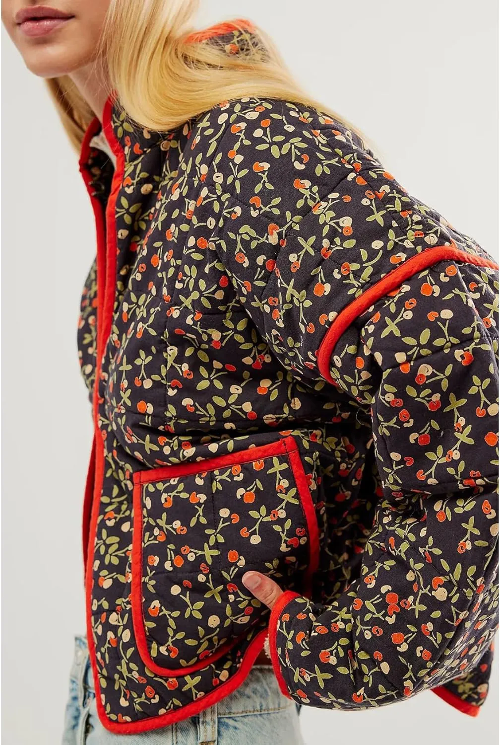 Perbai Womens Floral Cropped Quilted Jacket Lightweight Reversible Open Front Puffer Cardigan Coat
