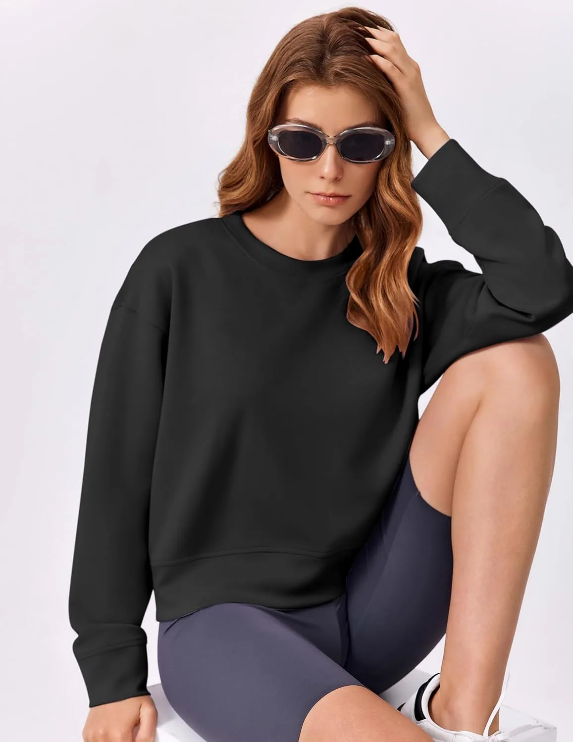 PINSPARK Crewneck Cropped Sweatshirt for Women Soft Long Sleeve Crop Tops Oversized Lightweight Basic Sweaters Fall 2025