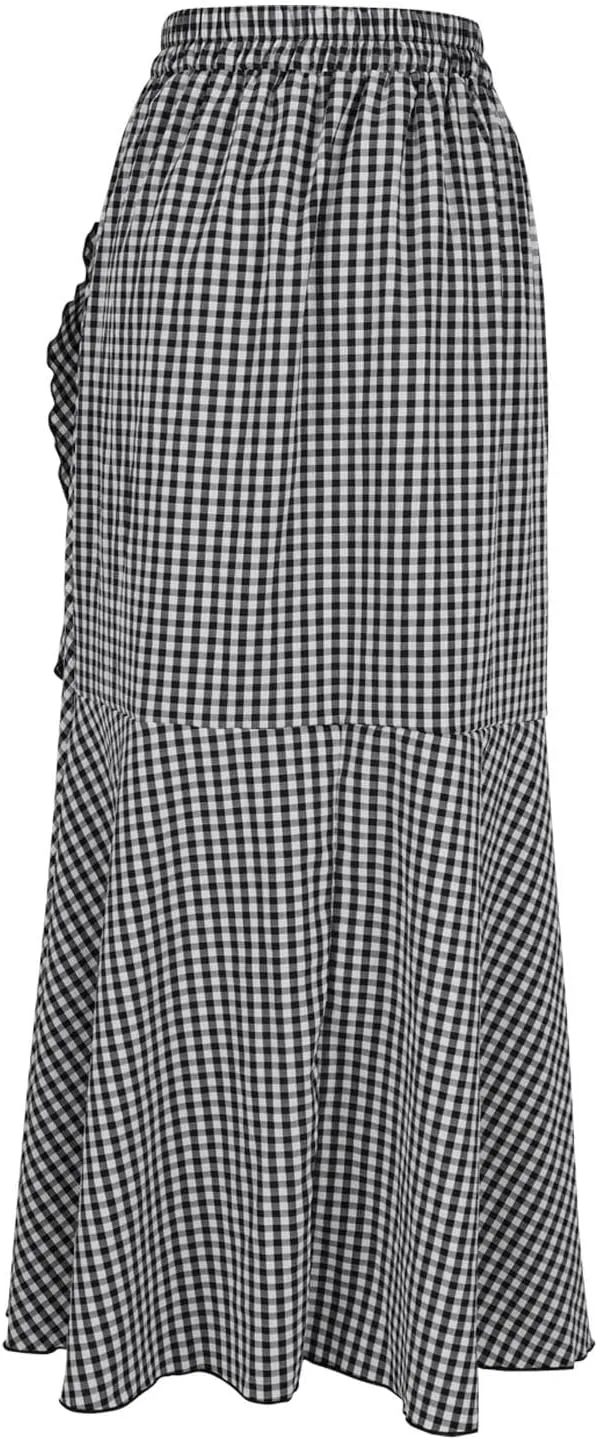 Plaid Mermaid Maxi Skirt for Women Asymmetrical Tied High Waist Ruffle Hem Skirts Casual Fashion Vintage Swing Skirt