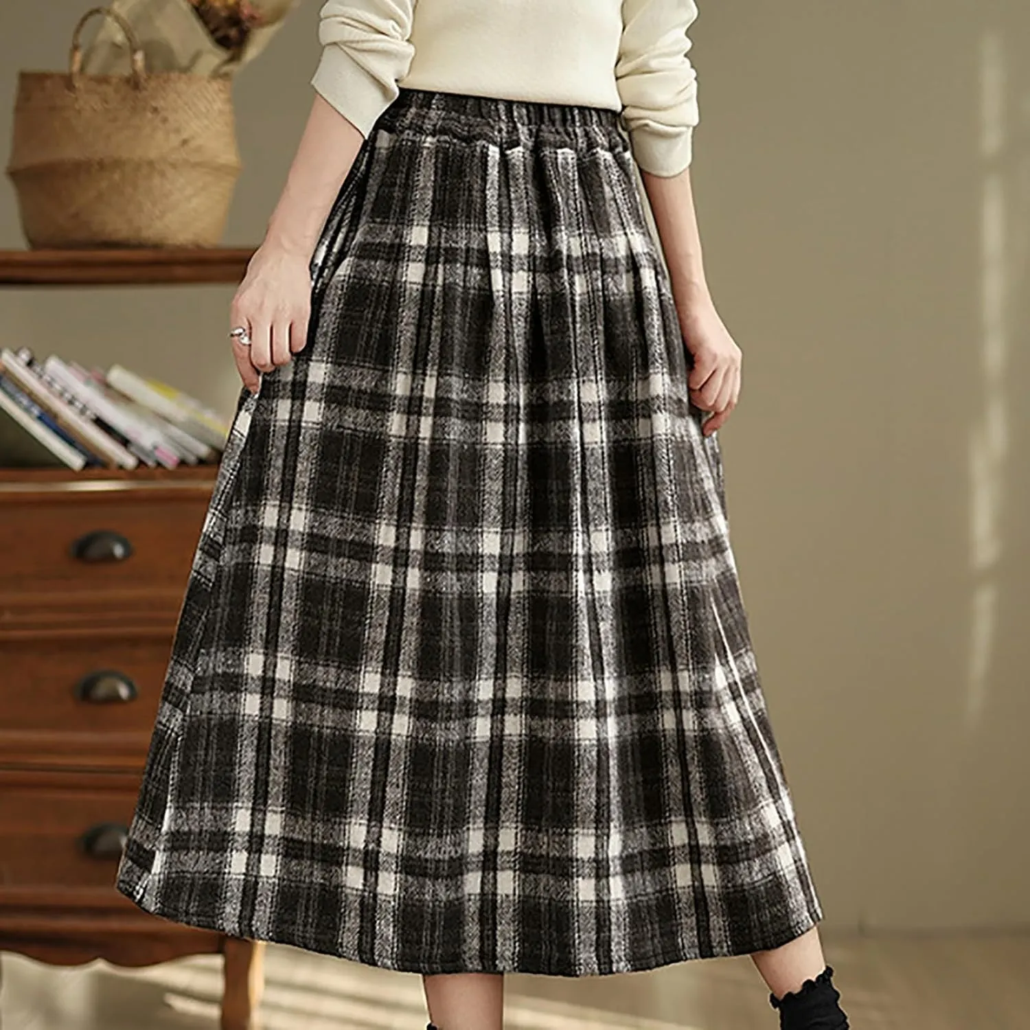 Plaid Skirts for Women Maxi High Waist Long Skirt Elastic Waist A-Line Midi Long Flowy Swing Skirt with Pockets