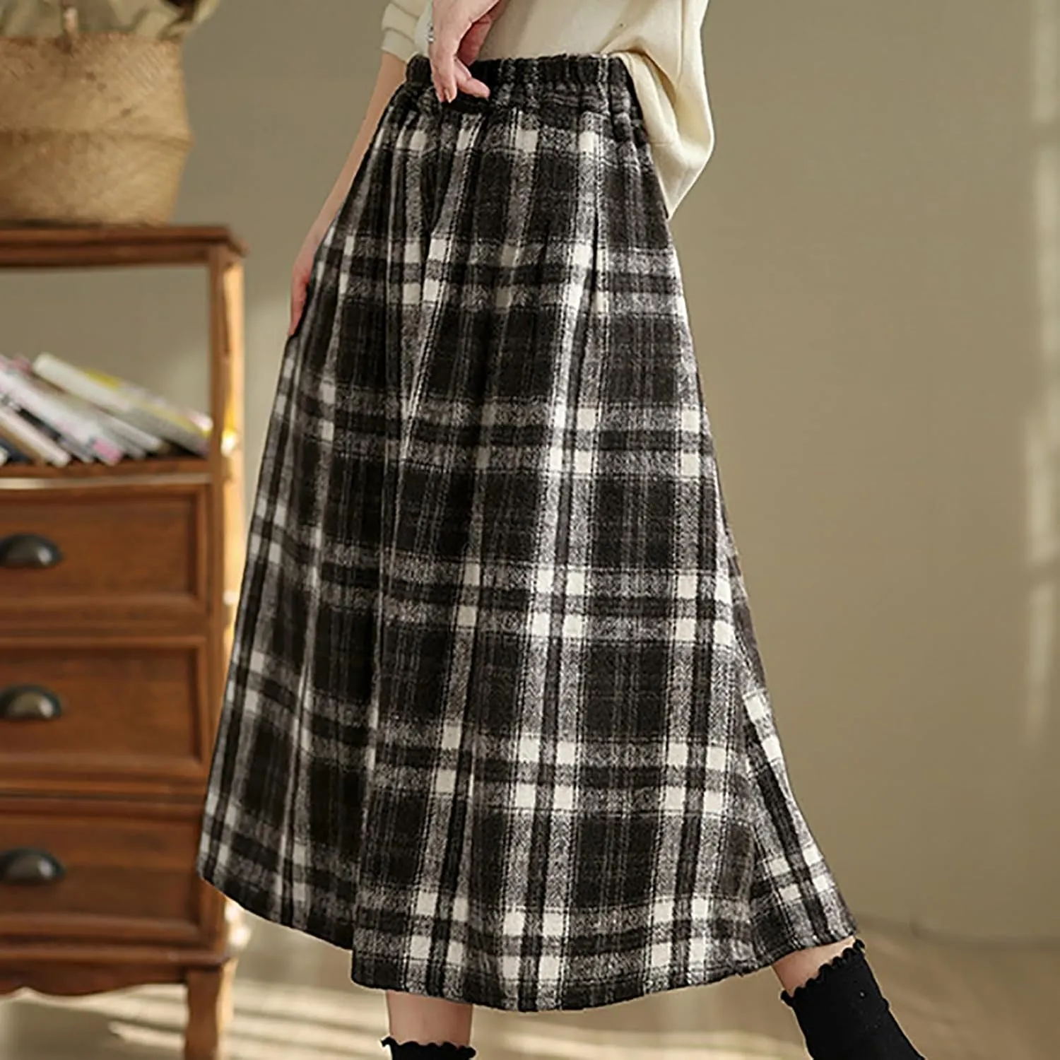 Plaid Skirts for Women Maxi High Waist Long Skirt Elastic Waist A-Line Midi Long Flowy Swing Skirt with Pockets