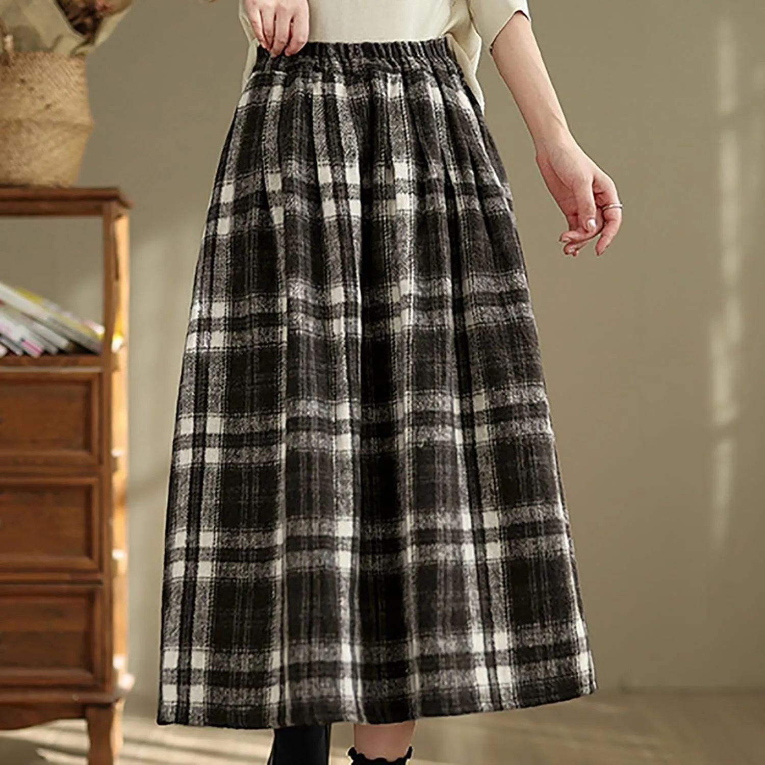 Plaid Skirts for Women Maxi High Waist Long Skirt Elastic Waist A-Line Midi Long Flowy Swing Skirt with Pockets