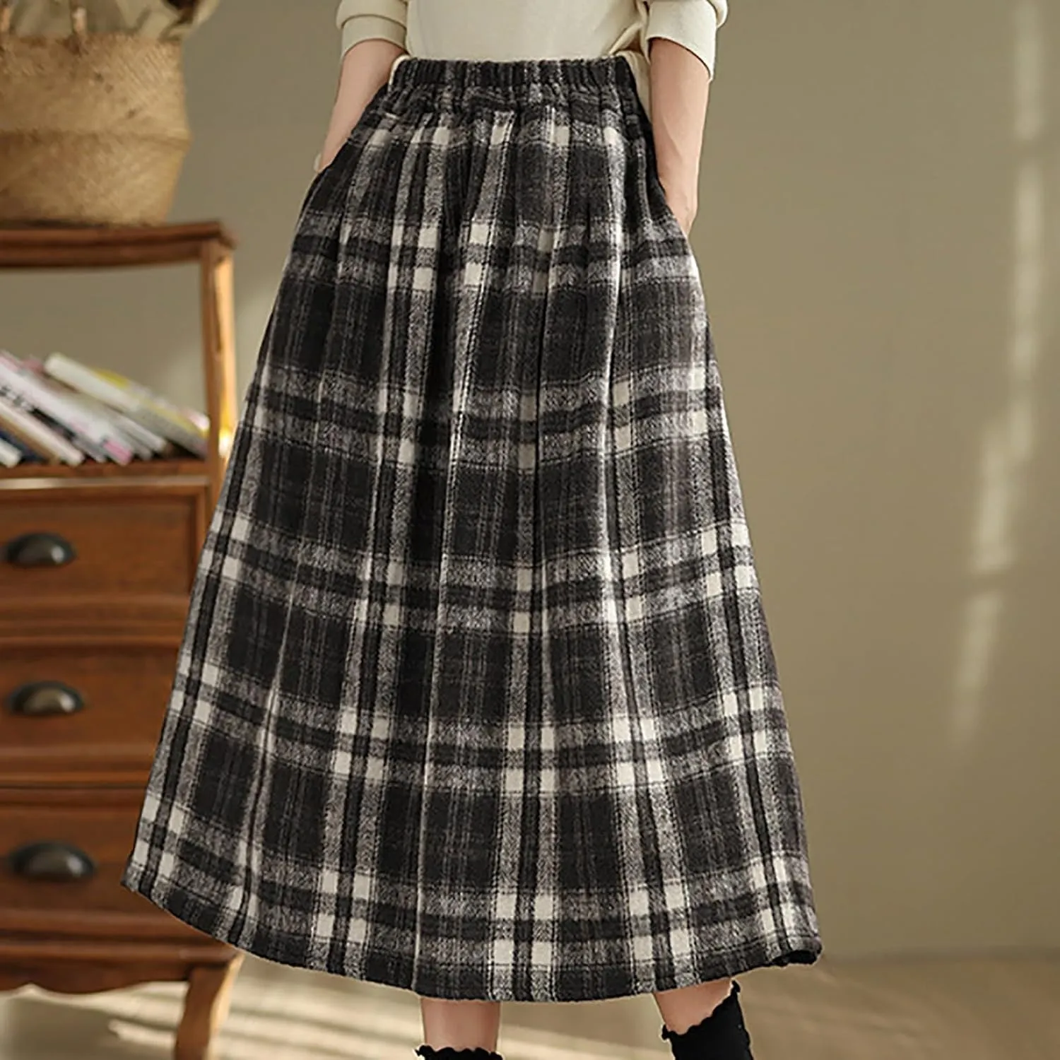 Plaid Skirts for Women Maxi High Waist Long Skirt Elastic Waist A-Line Midi Long Flowy Swing Skirt with Pockets