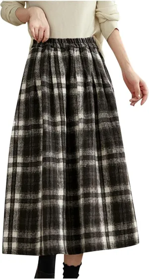 Plaid Skirts for Women Maxi High Waist Long Skirt Elastic Waist A-Line Midi Long Flowy Swing Skirt with Pockets