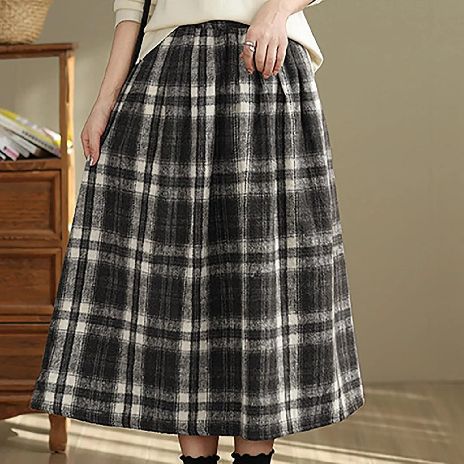 Plaid Skirts for Women Maxi High Waist Long Skirt Elastic Waist A-Line Midi Long Flowy Swing Skirt with Pockets