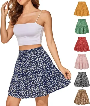 Pleated Skirts for Women Summer Floral Mini Skirts Drawstring High Waist Sexy Beach Tiered Flowy A Line Short Skorts